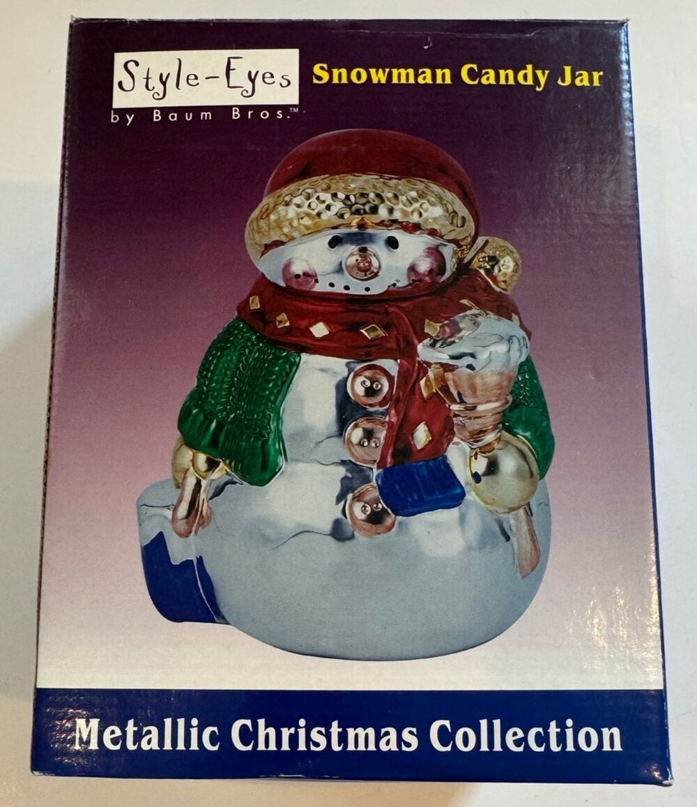 New Style Eyes by Baum Bros Metallic Snowman Candy Jar Christmas Collection